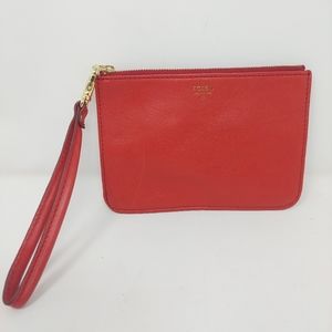 Fossil Red Leather Wristlet Zippered Pouch Card Wallet Bold Colorful Maximalism